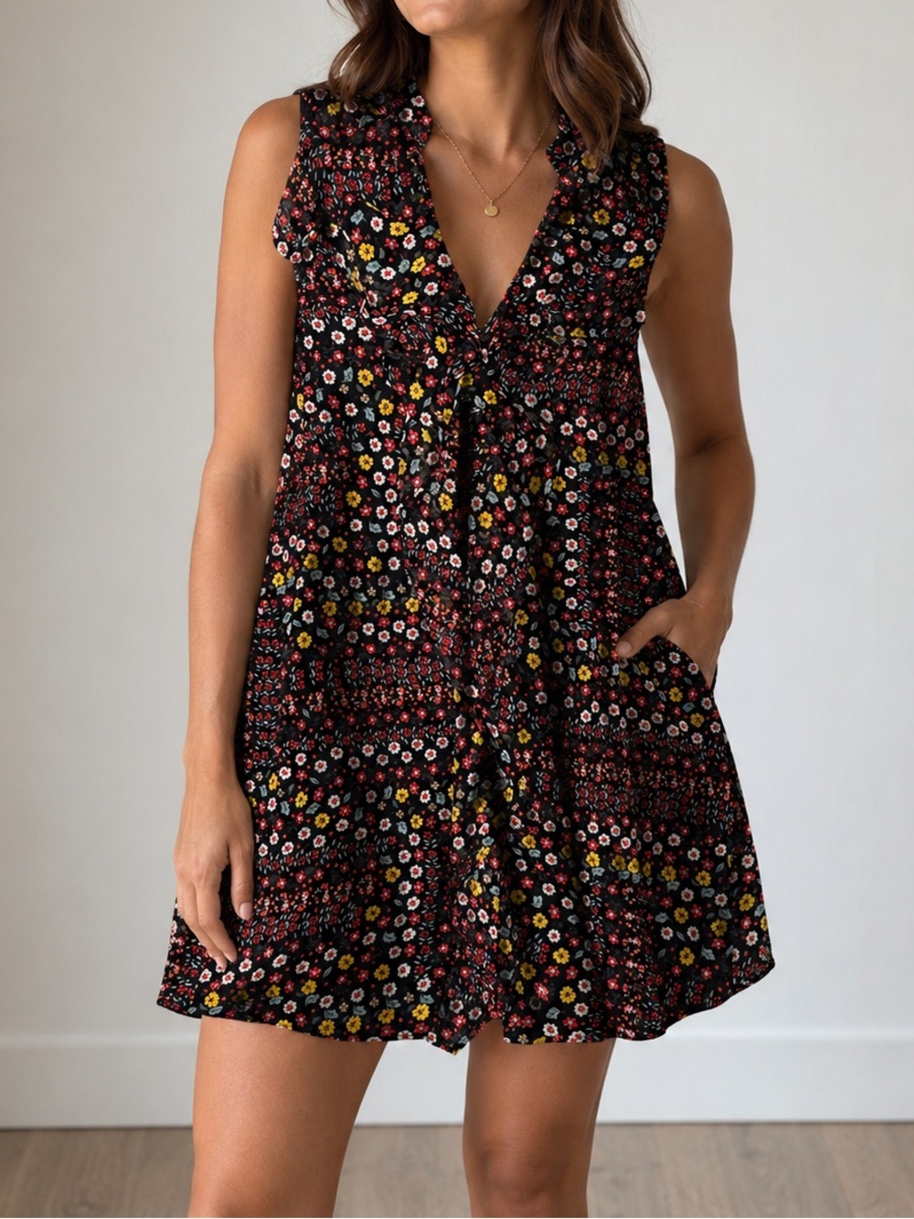 BCBG MaxAzria Mixed Floral Ruffled Cocktail Dress Sleeveless Flowy Boho Size S